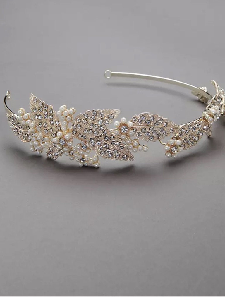 David’s Bridal Crystal &Pearl Leaf Motif Headband Style#Hswg579- Great Condition